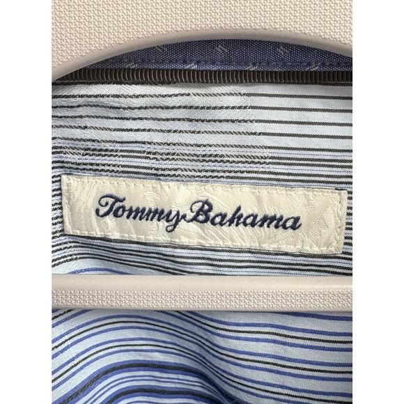 Tommy Bahama Men's Silk Blend Shirt L Blue Stripe Palm Leaf Print Button Front - Picture 3 of 7